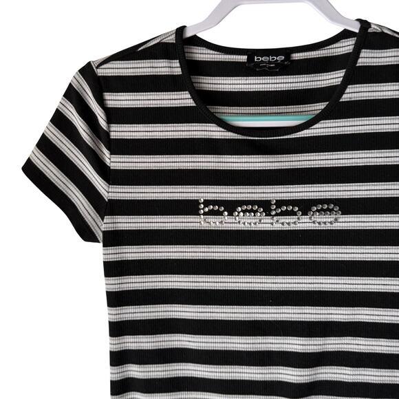 Bebe Shirt Y2k Bling M Black White Striped Rhinestone Logo Stretch Fitted Tee - Picture 1 of 8
